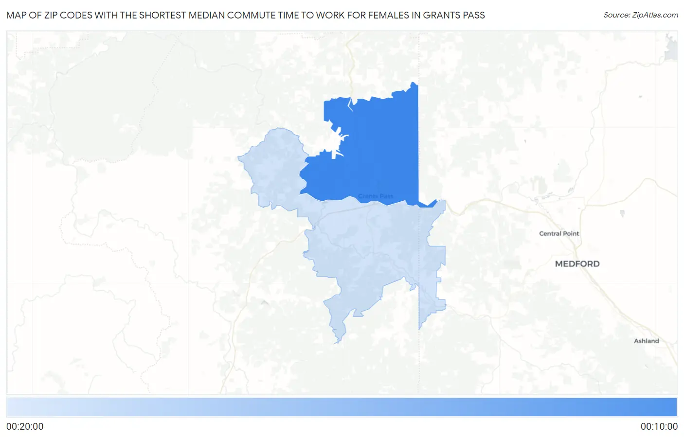 Zip Codes with the Shortest Median Commute Time to Work for Females in Grants Pass Map