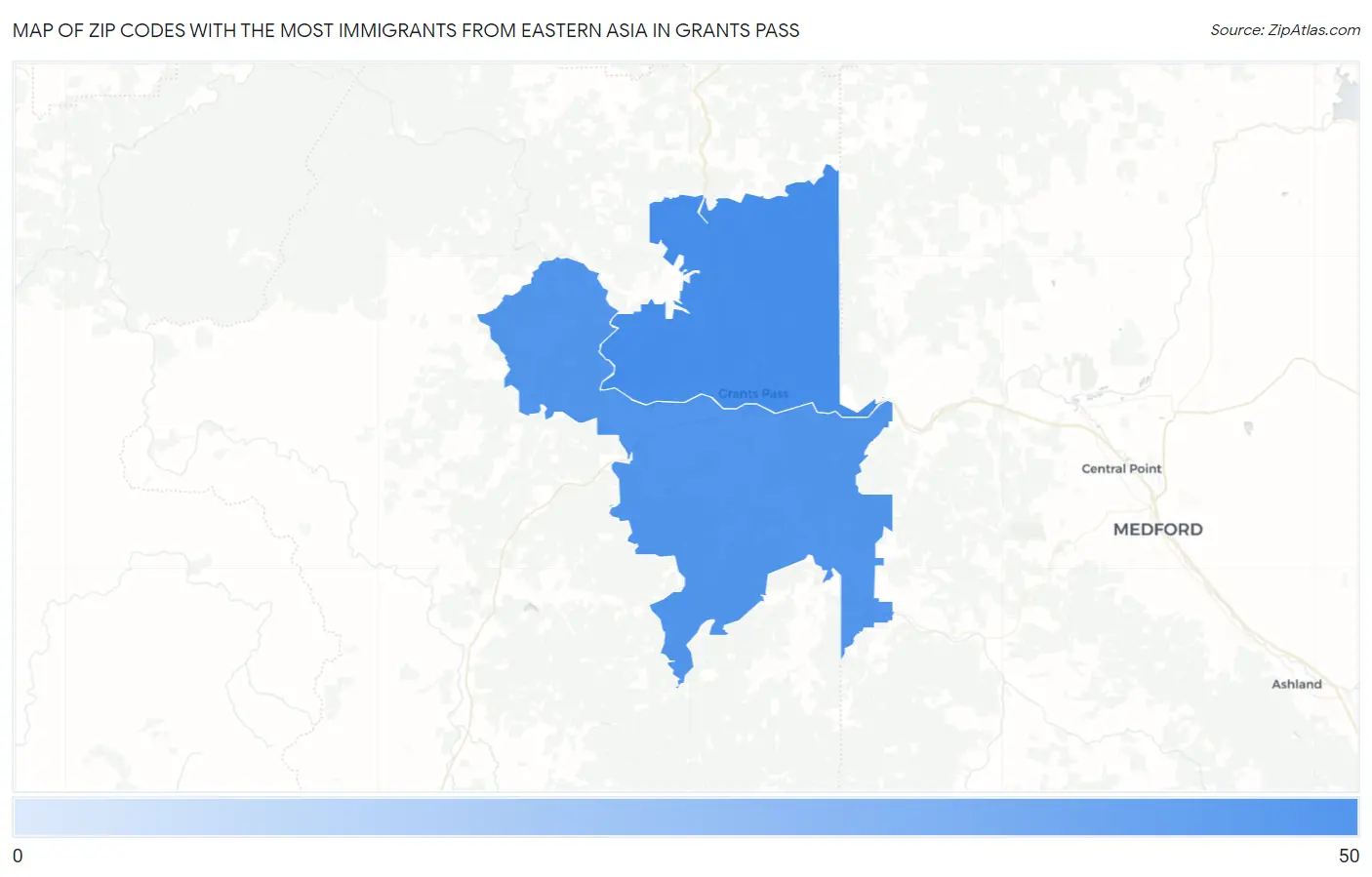 Zip Codes with the Most Immigrants from Eastern Asia in Grants Pass Map