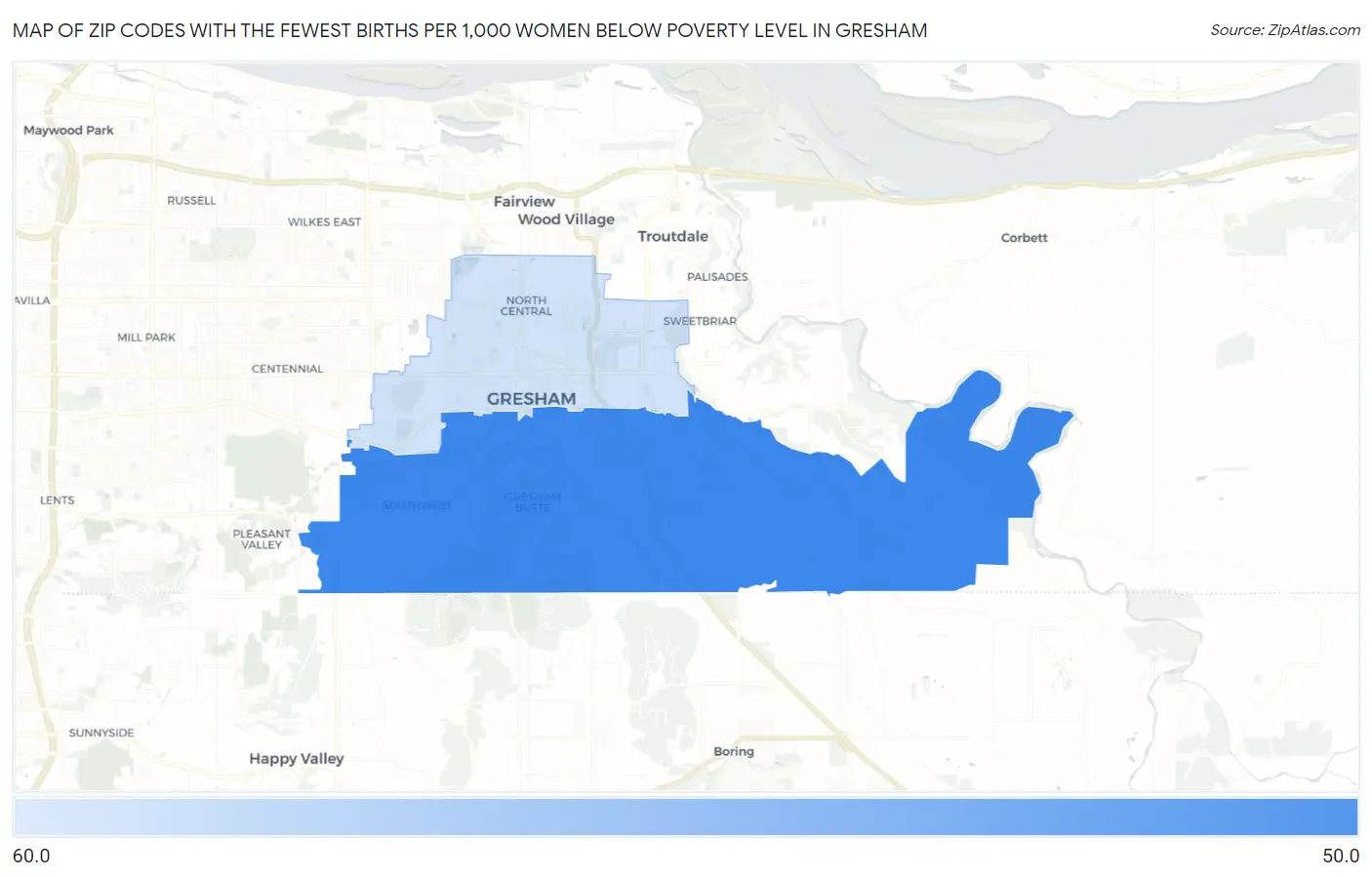 Zip Codes with the Fewest Births per 1,000 Women Below Poverty Level in Gresham Map