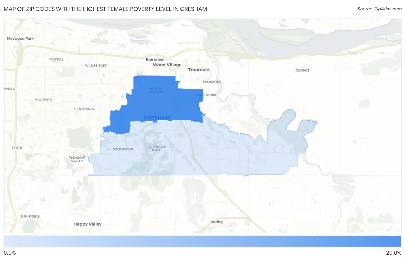 Zip Codes with the Highest Female Poverty Level in Gresham Map
