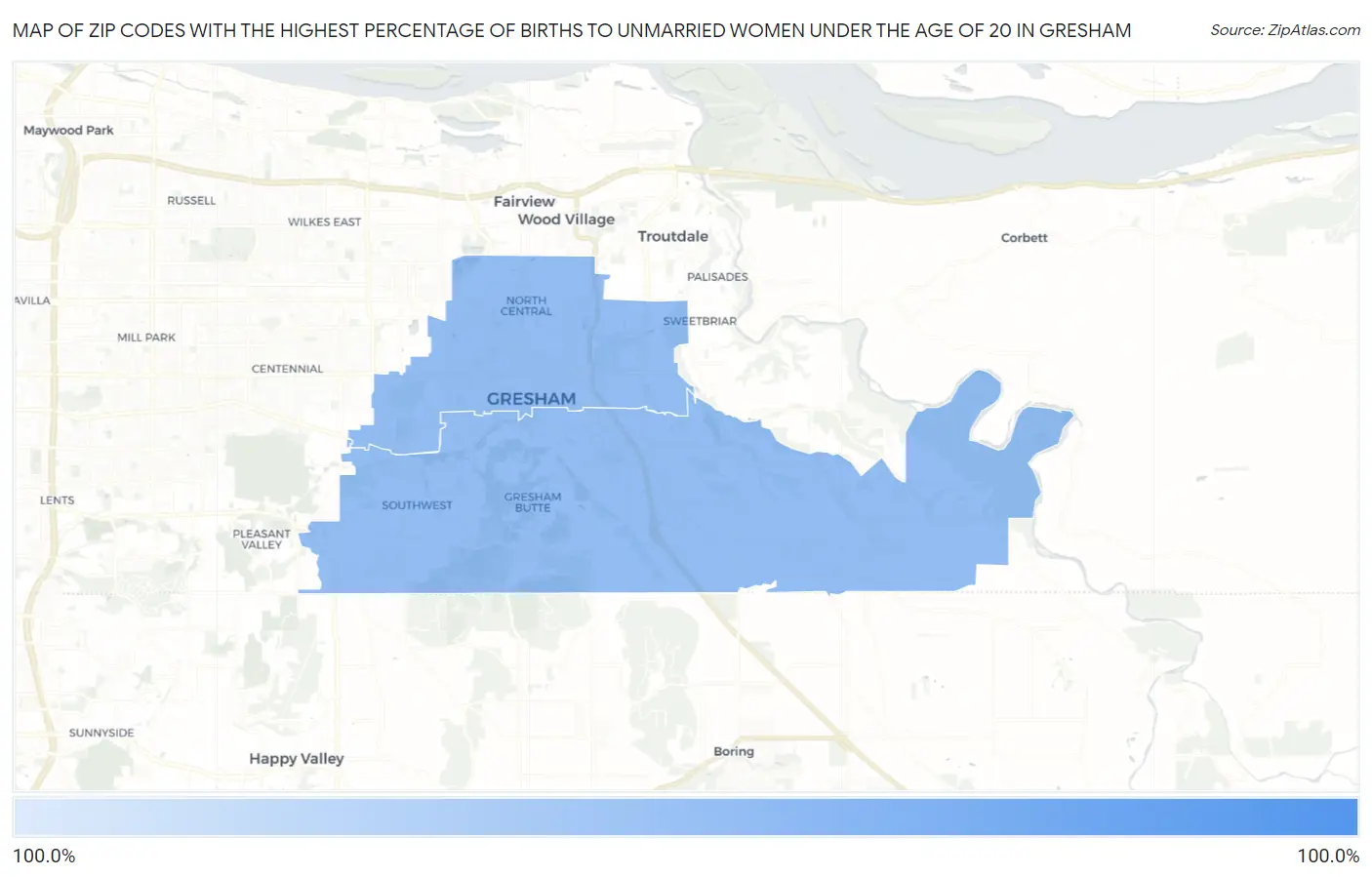 Zip Codes with the Highest Percentage of Births to Unmarried Women under the Age of 20 in Gresham Map