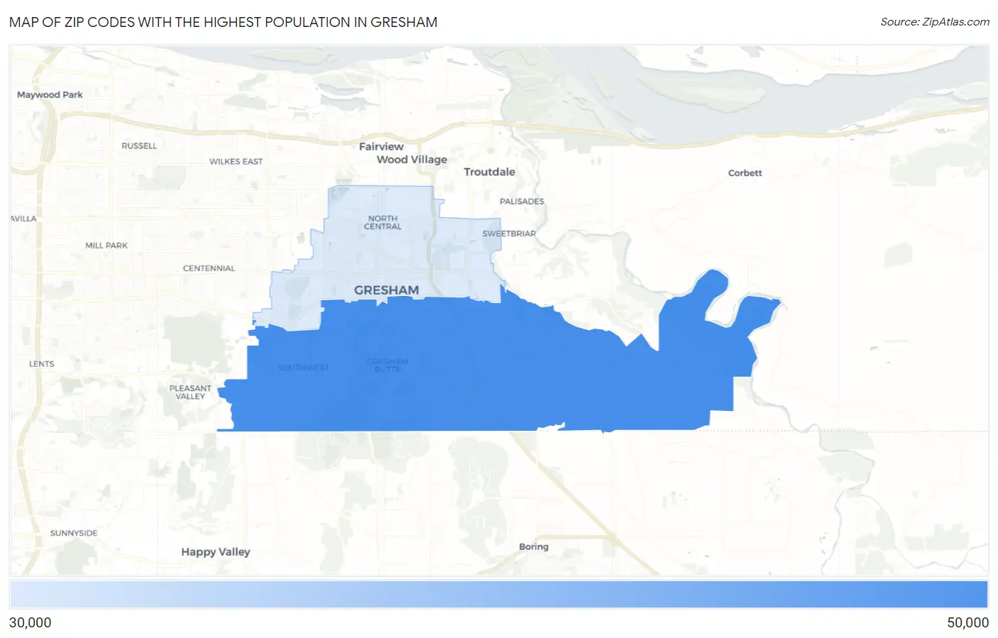 Zip Codes with the Highest Population in Gresham Map