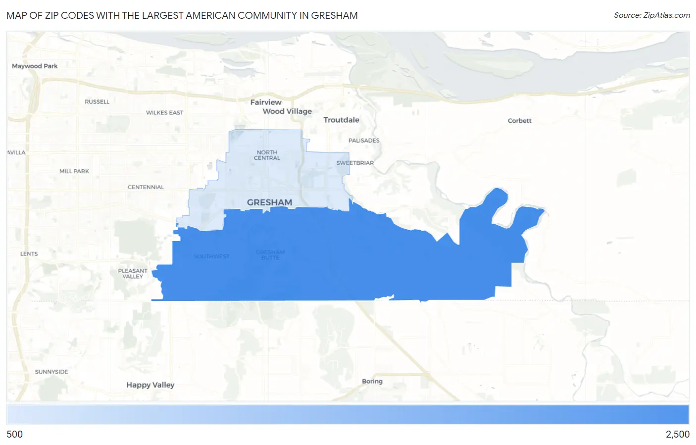 Zip Codes with the Largest American Community in Gresham Map