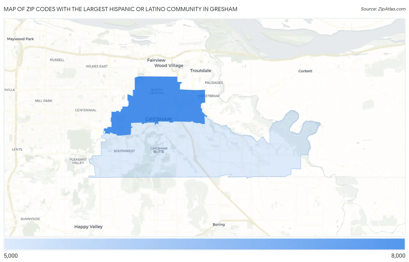 Zip Codes with the Largest Hispanic or Latino Community in Gresham Map