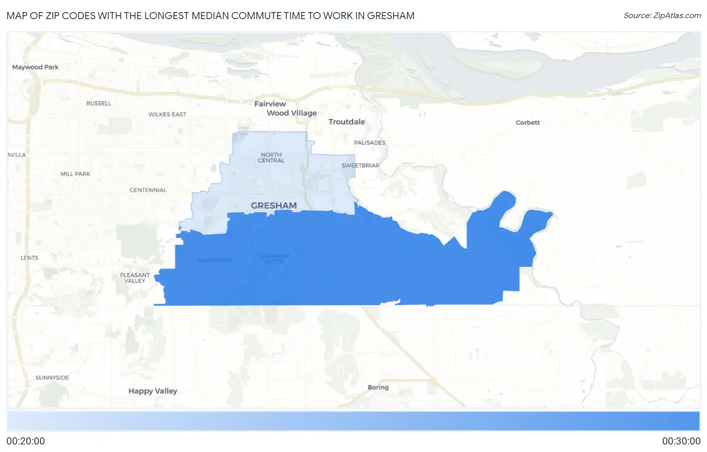 Zip Codes with the Longest Median Commute Time to Work in Gresham Map