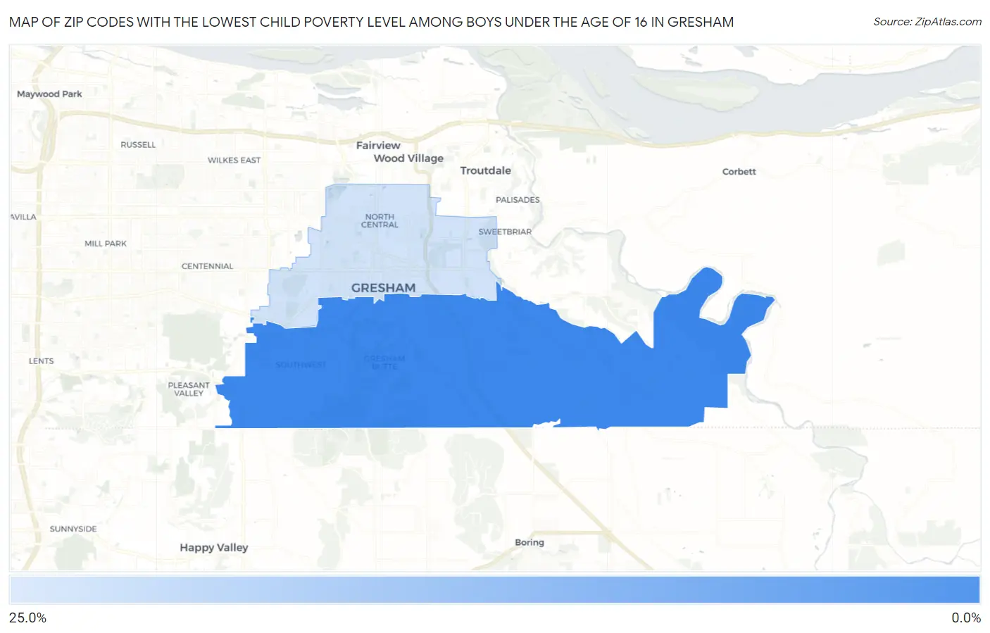 Zip Codes with the Lowest Child Poverty Level Among Boys Under the Age of 16 in Gresham Map