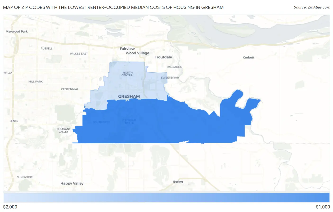 Zip Codes with the Lowest Renter-Occupied Median Costs of Housing in Gresham Map