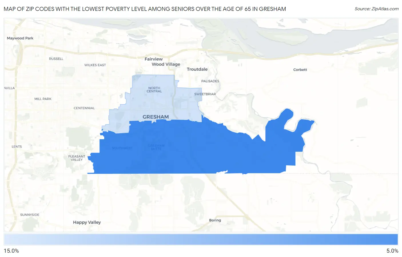 Zip Codes with the Lowest Poverty Level Among Seniors Over the Age of 65 in Gresham Map