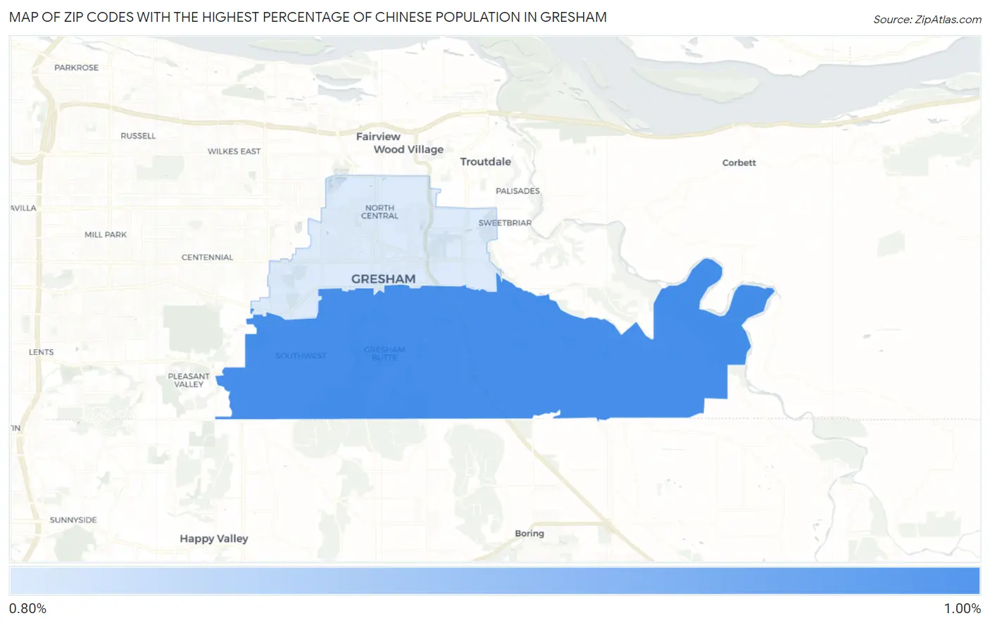 Zip Codes with the Highest Percentage of Chinese Population in Gresham Map