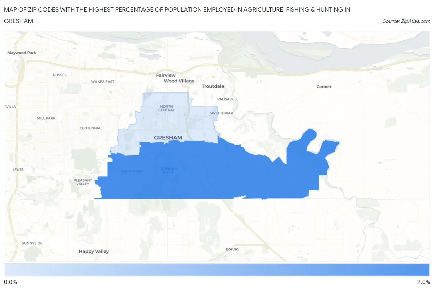 Zip Codes with the Highest Percentage of Population Employed in Agriculture, Fishing & Hunting in Gresham Map
