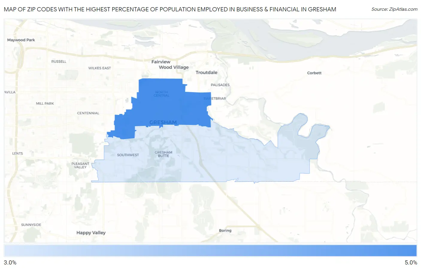 Zip Codes with the Highest Percentage of Population Employed in Business & Financial in Gresham Map