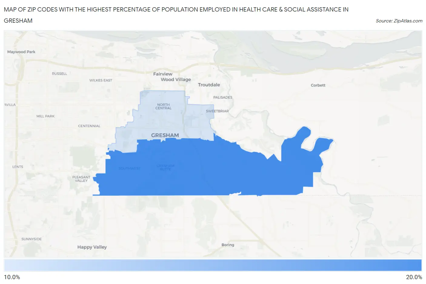 Zip Codes with the Highest Percentage of Population Employed in Health Care & Social Assistance in Gresham Map
