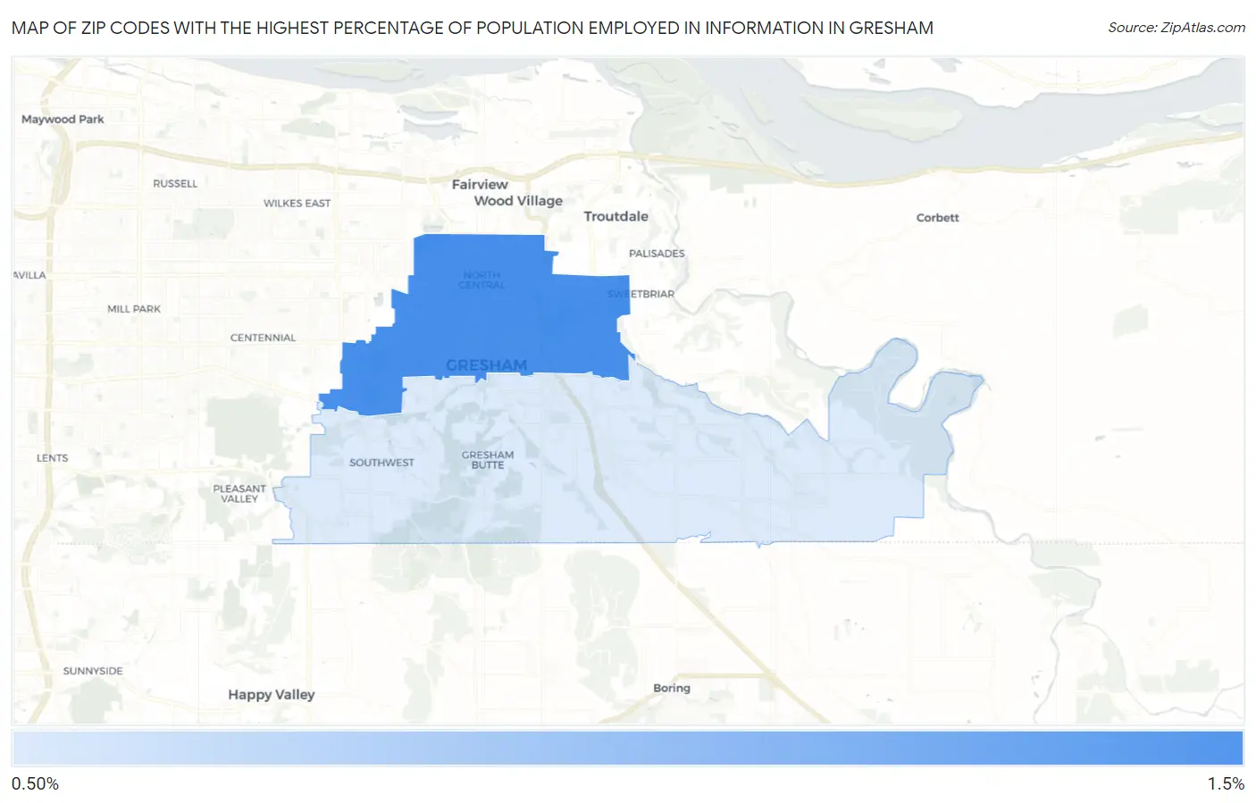 Zip Codes with the Highest Percentage of Population Employed in Information in Gresham Map