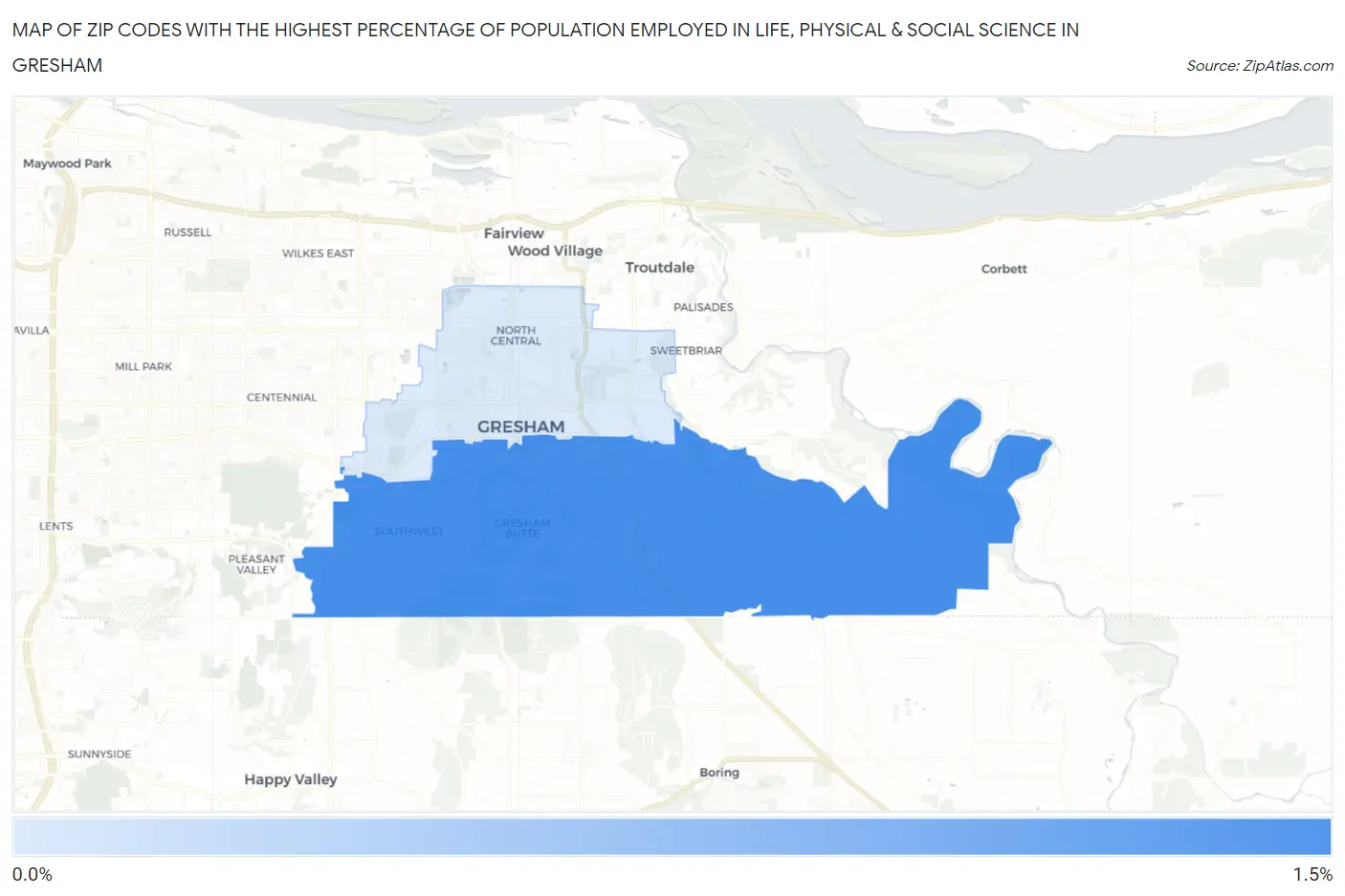 Zip Codes with the Highest Percentage of Population Employed in Life, Physical & Social Science in Gresham Map