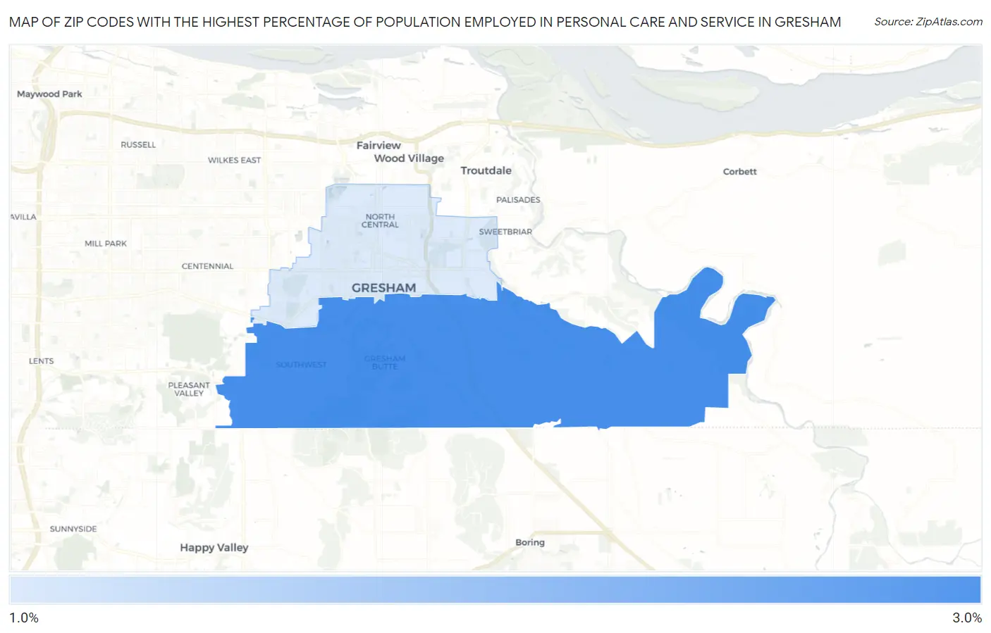 Zip Codes with the Highest Percentage of Population Employed in Personal Care and Service in Gresham Map