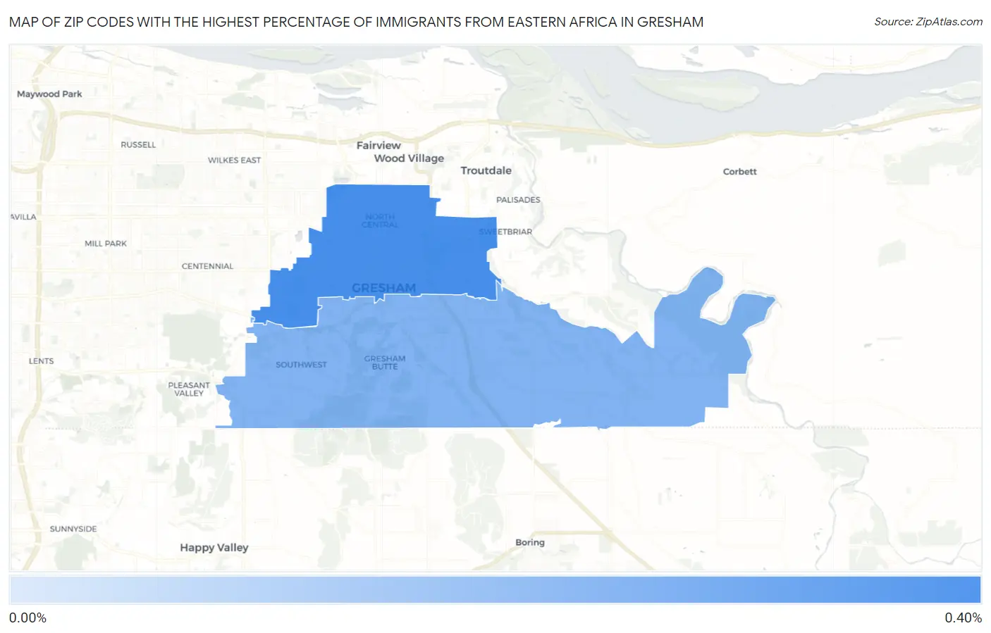 Zip Codes with the Highest Percentage of Immigrants from Eastern Africa in Gresham Map
