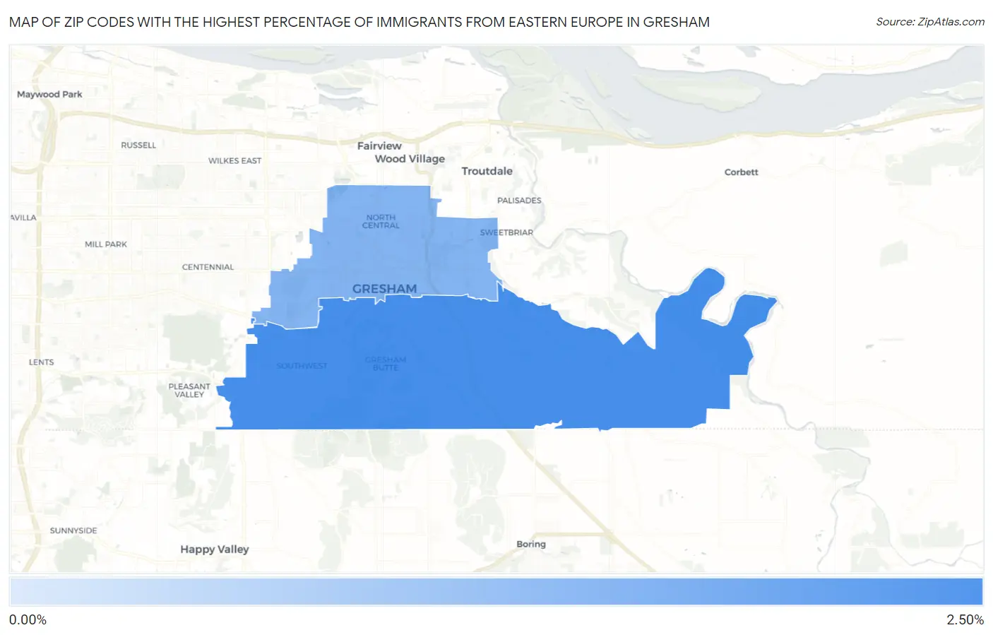 Zip Codes with the Highest Percentage of Immigrants from Eastern Europe in Gresham Map