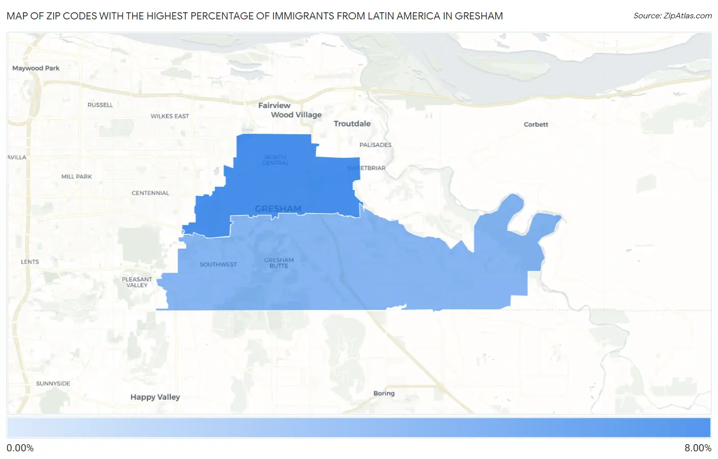 Zip Codes with the Highest Percentage of Immigrants from Latin America in Gresham Map