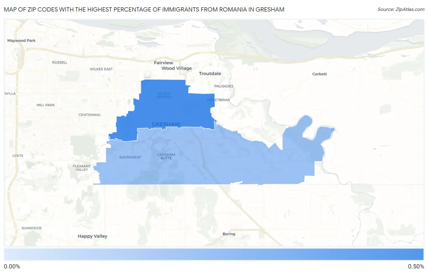 Zip Codes with the Highest Percentage of Immigrants from Romania in Gresham Map
