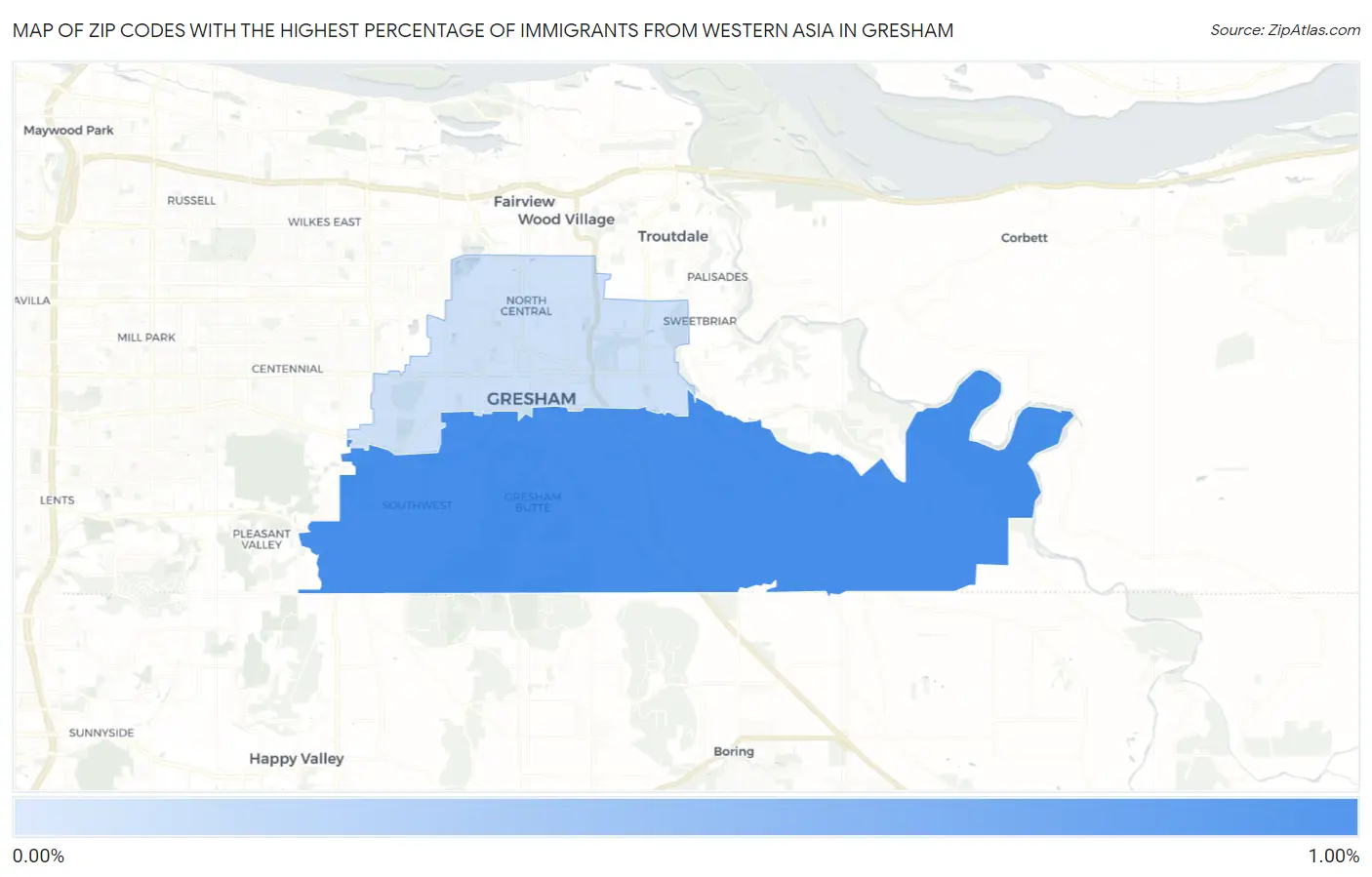 Zip Codes with the Highest Percentage of Immigrants from Western Asia in Gresham Map