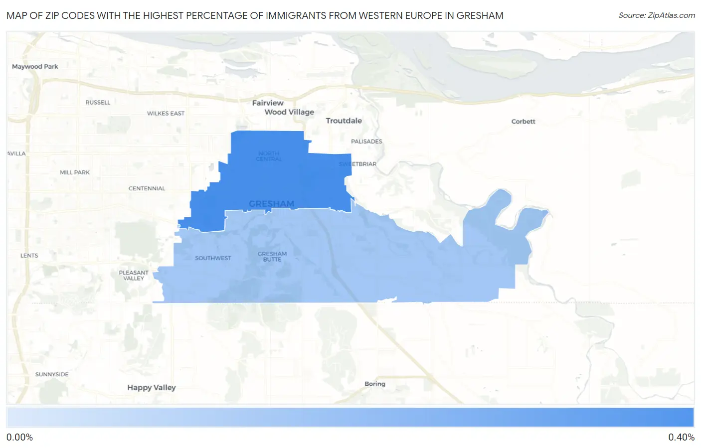 Zip Codes with the Highest Percentage of Immigrants from Western Europe in Gresham Map