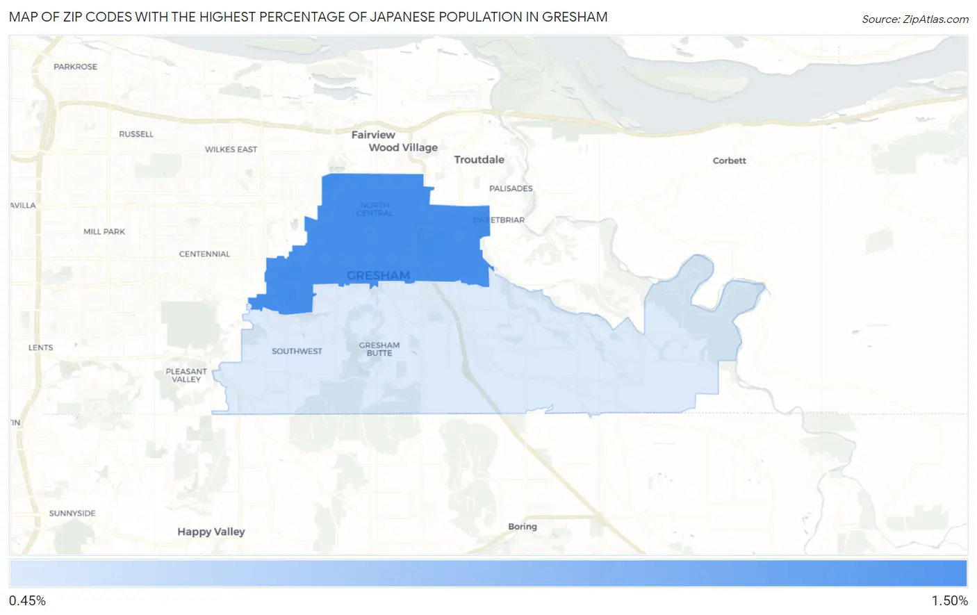 Zip Codes with the Highest Percentage of Japanese Population in Gresham Map