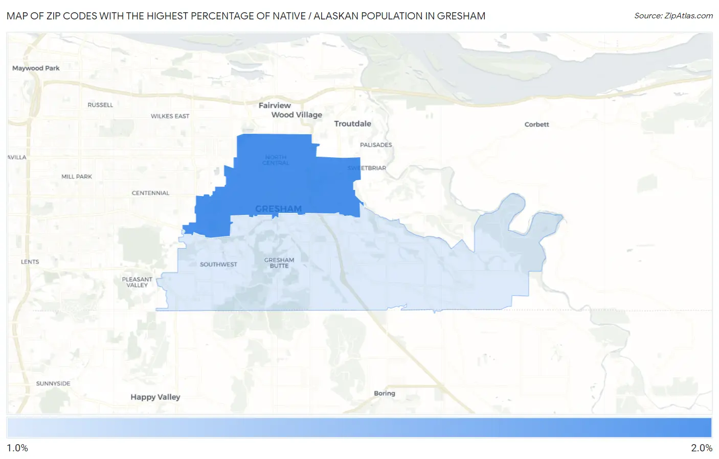 Zip Codes with the Highest Percentage of Native / Alaskan Population in Gresham Map