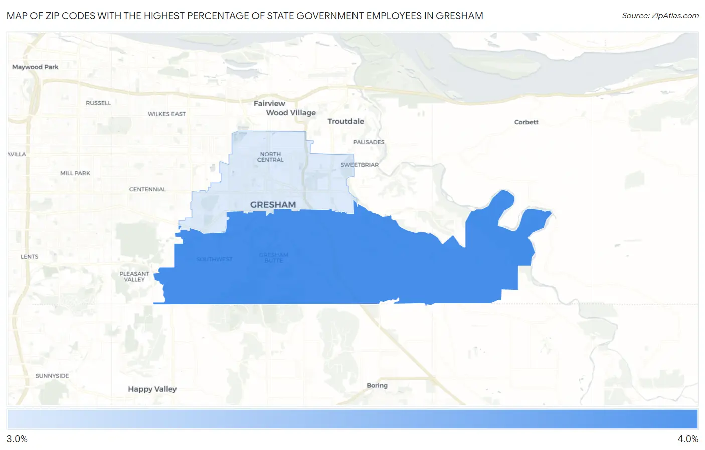 Zip Codes with the Highest Percentage of State Government Employees in Gresham Map
