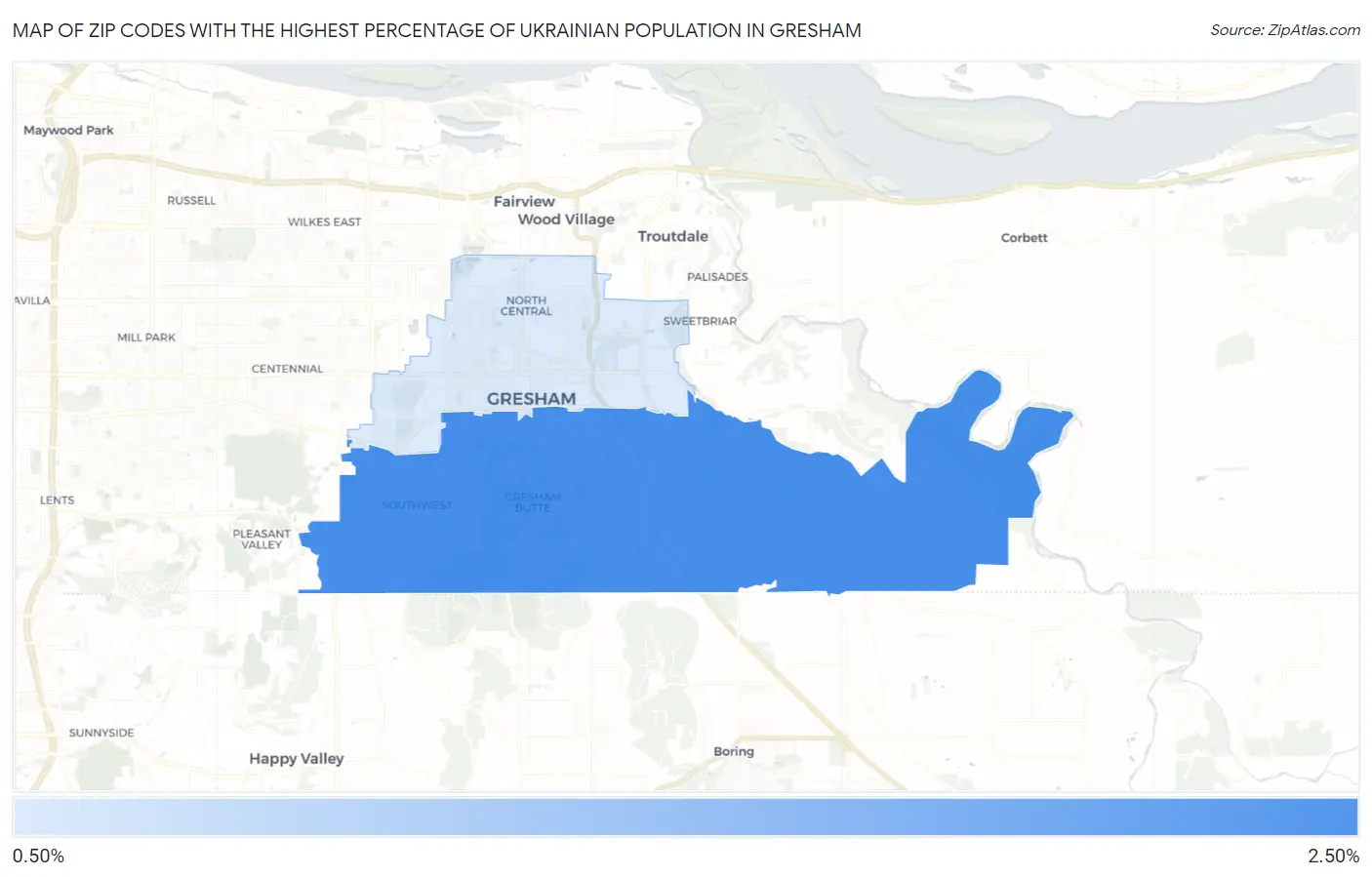 Zip Codes with the Highest Percentage of Ukrainian Population in Gresham Map