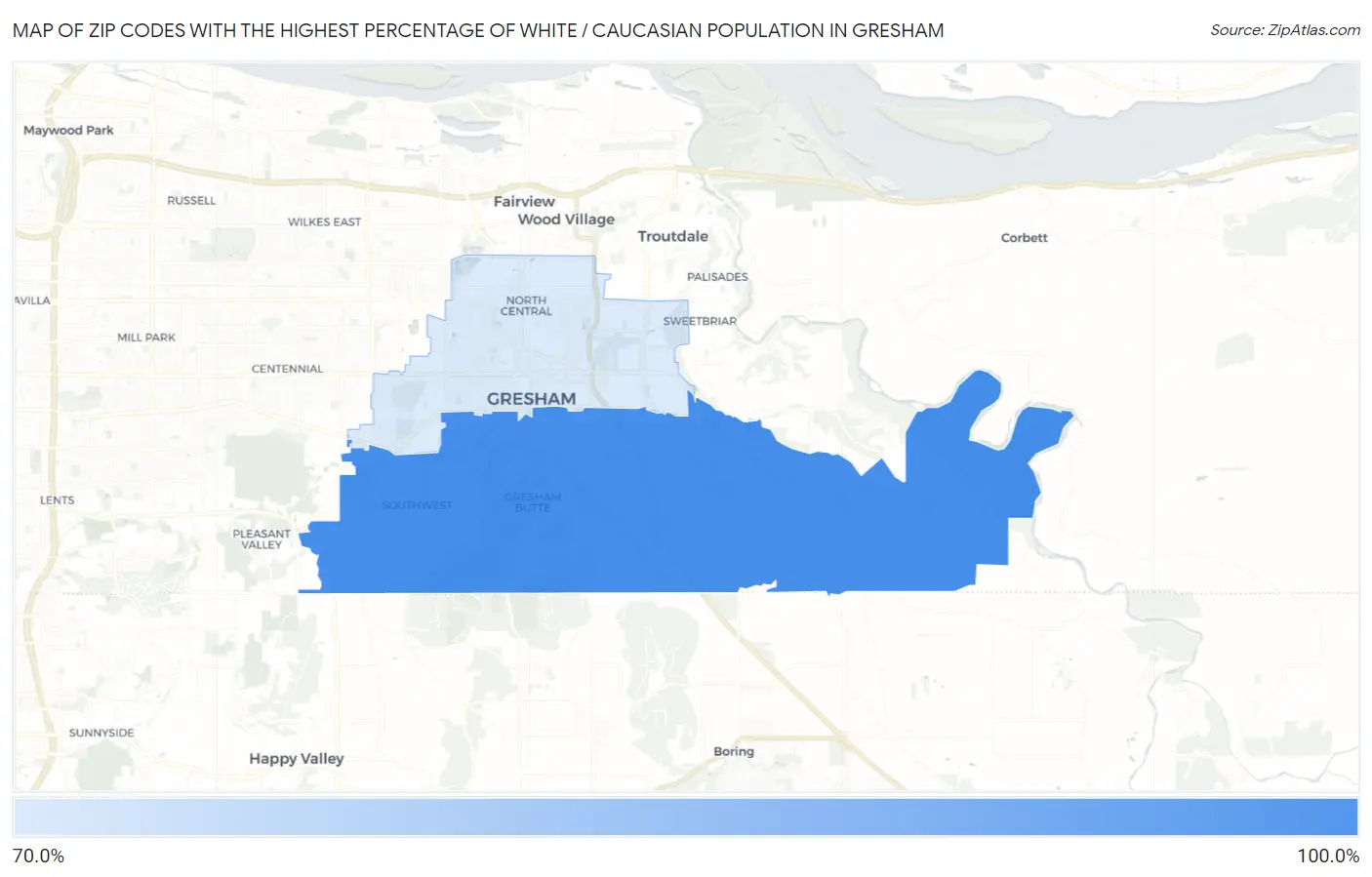 Zip Codes with the Highest Percentage of White / Caucasian Population in Gresham Map