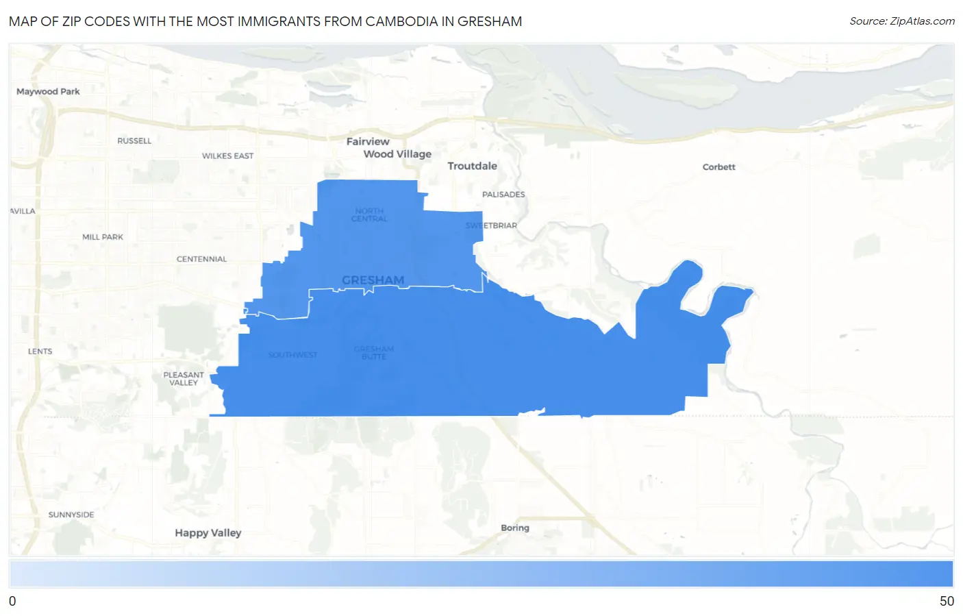 Zip Codes with the Most Immigrants from Cambodia in Gresham Map