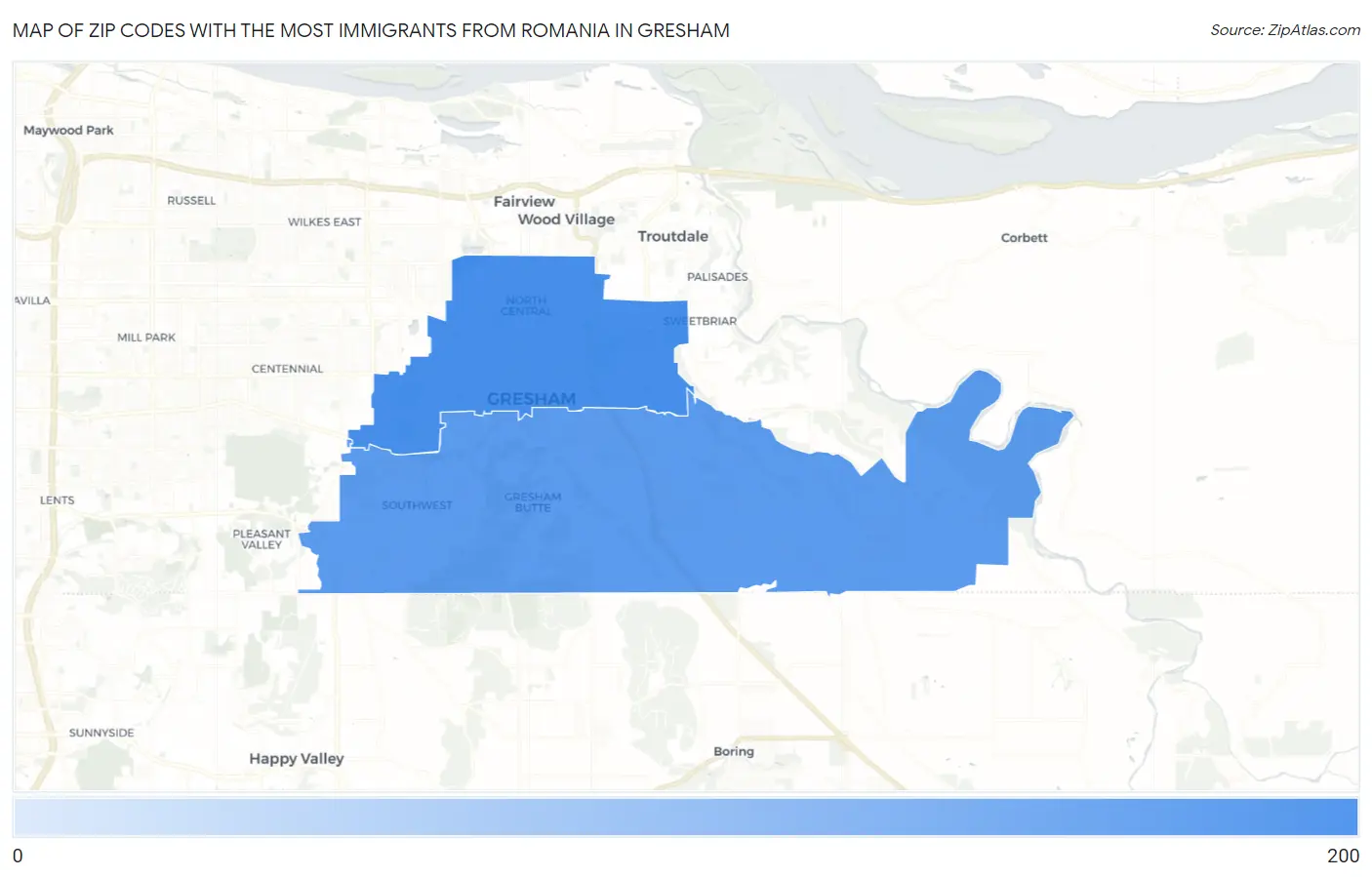 Zip Codes with the Most Immigrants from Romania in Gresham Map