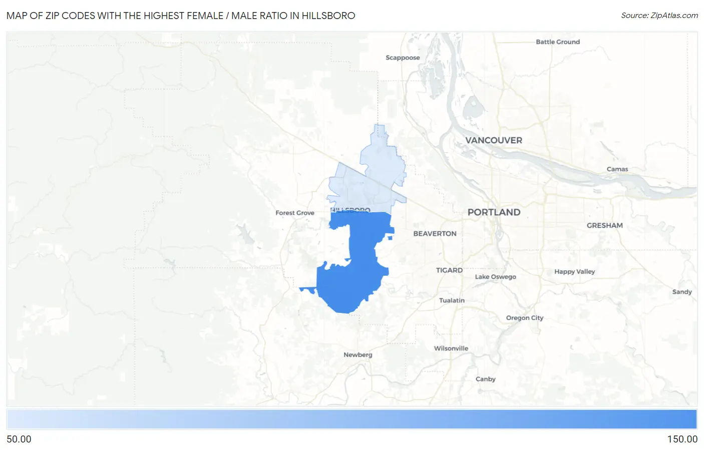 Zip Codes with the Highest Female / Male Ratio in Hillsboro Map