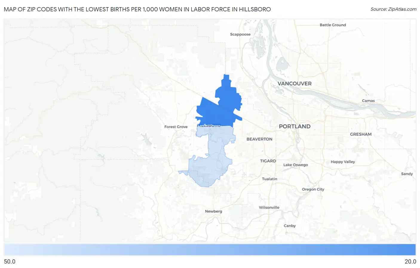 Zip Codes with the Lowest Births per 1,000 Women in Labor Force in Hillsboro Map