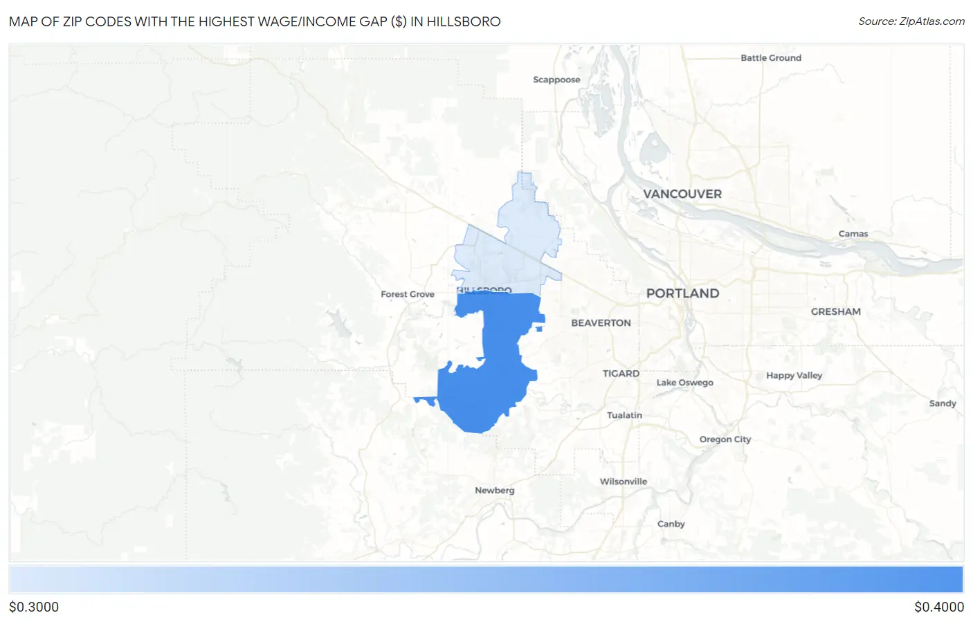 Zip Codes with the Highest Wage/Income Gap ($) in Hillsboro Map