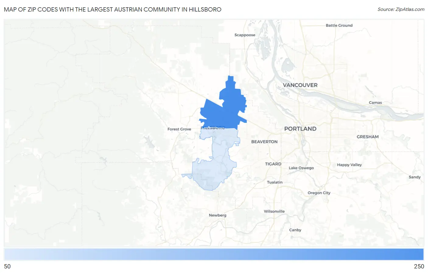 Zip Codes with the Largest Austrian Community in Hillsboro Map