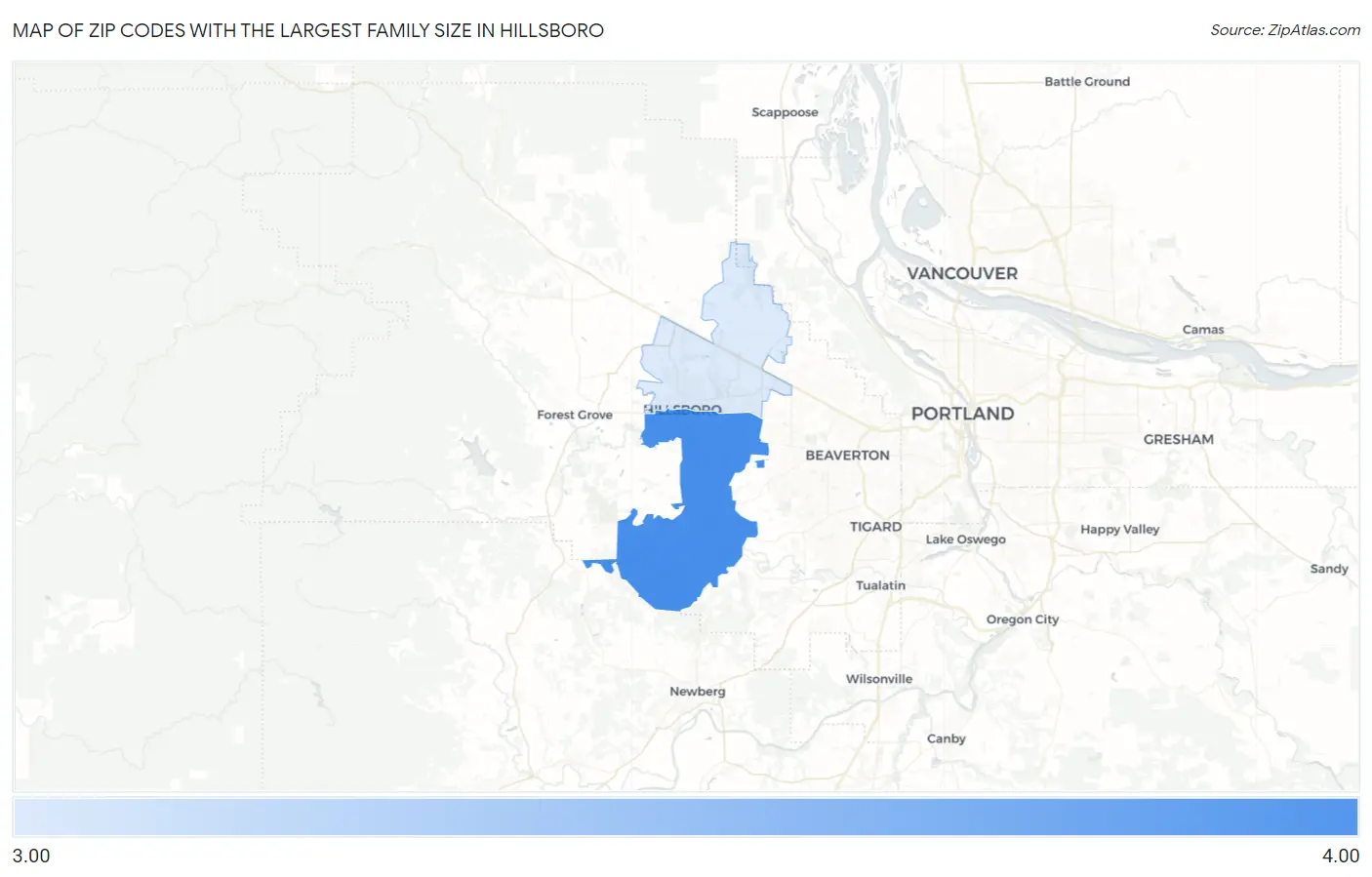 Zip Codes with the Largest Family Size in Hillsboro Map