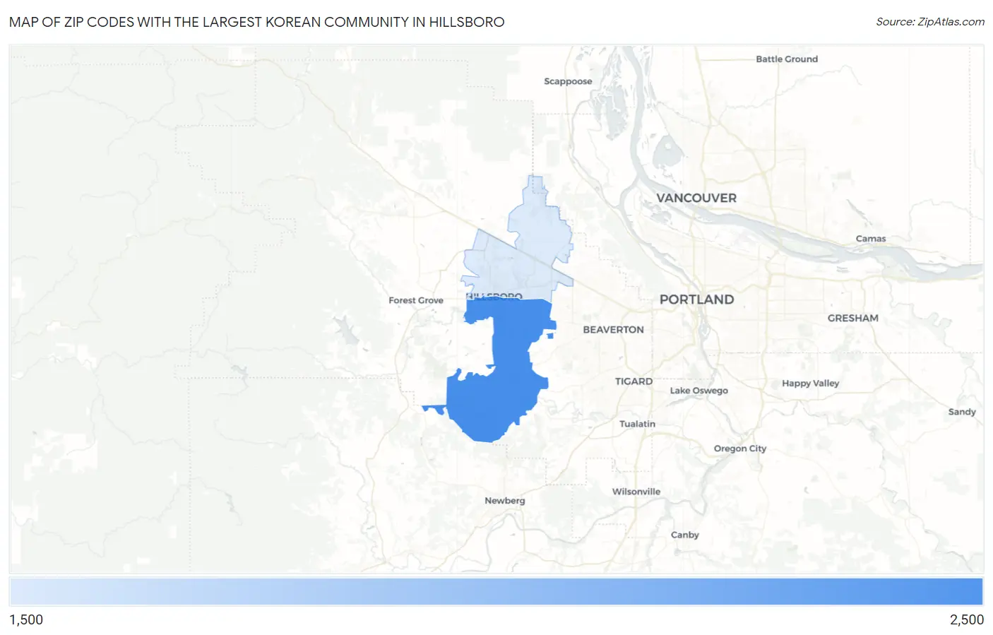 Zip Codes with the Largest Korean Community in Hillsboro Map