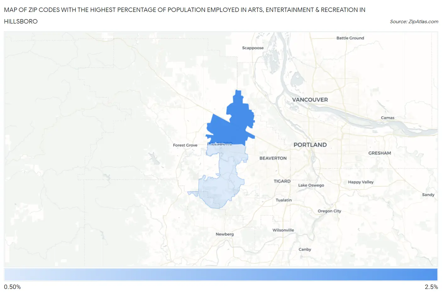 Zip Codes with the Highest Percentage of Population Employed in Arts, Entertainment & Recreation in Hillsboro Map