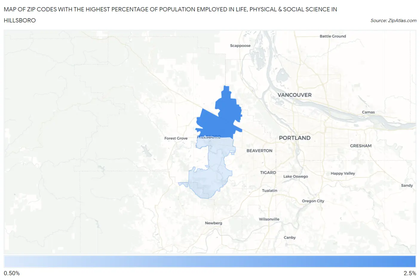 Zip Codes with the Highest Percentage of Population Employed in Life, Physical & Social Science in Hillsboro Map