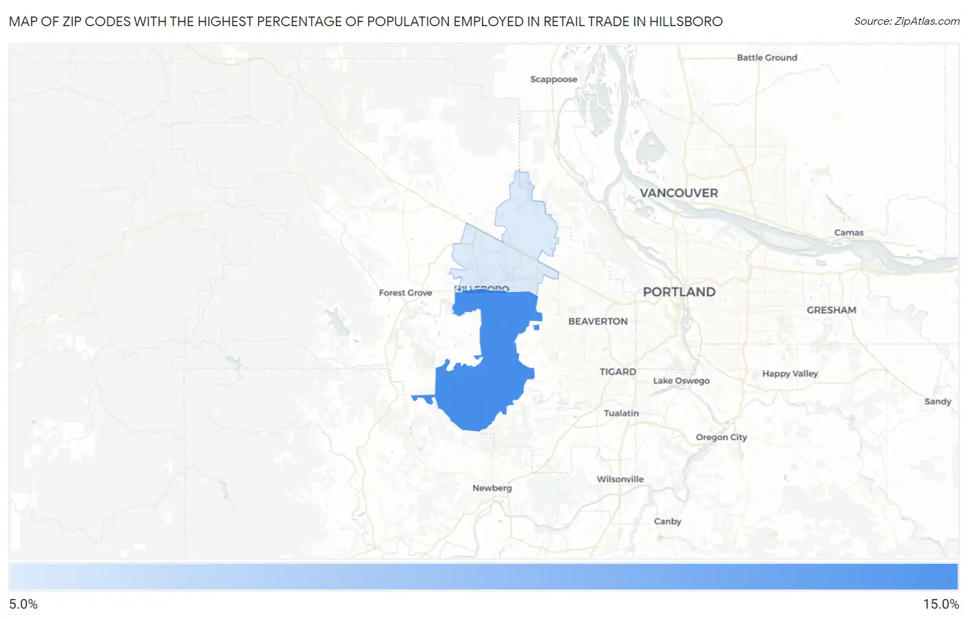 Zip Codes with the Highest Percentage of Population Employed in Retail Trade in Hillsboro Map