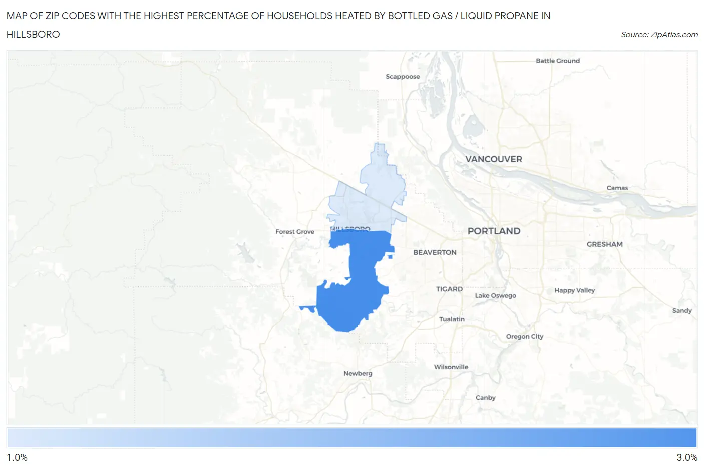 Zip Codes with the Highest Percentage of Households Heated by Bottled Gas / Liquid Propane in Hillsboro Map