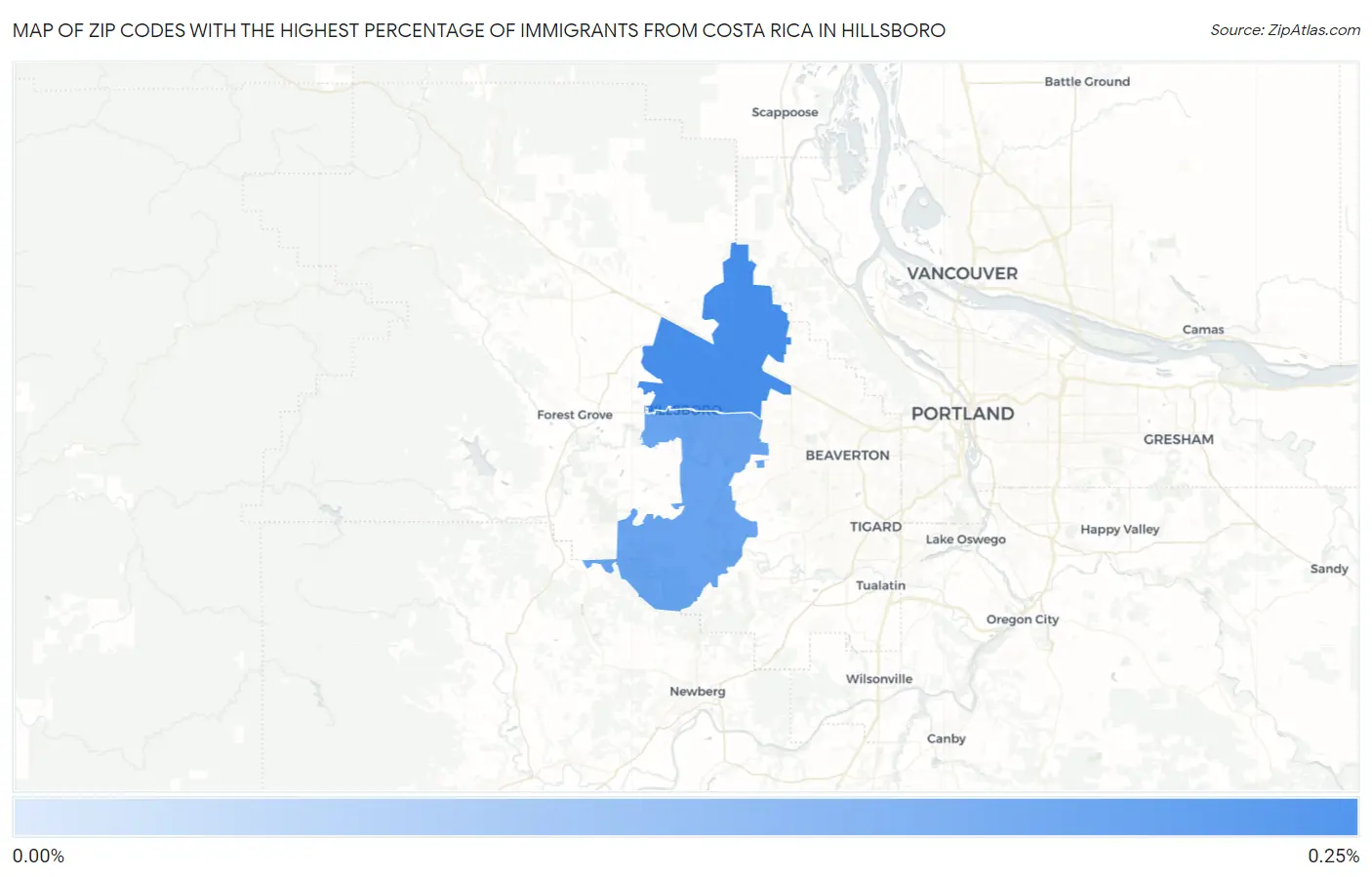 Zip Codes with the Highest Percentage of Immigrants from Costa Rica in Hillsboro Map