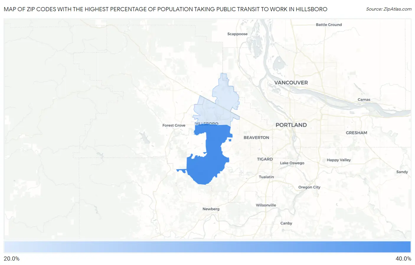 Zip Codes with the Highest Percentage of Population Taking Public Transit to Work in Hillsboro Map
