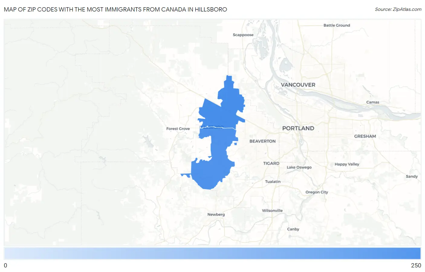 Zip Codes with the Most Immigrants from Canada in Hillsboro Map