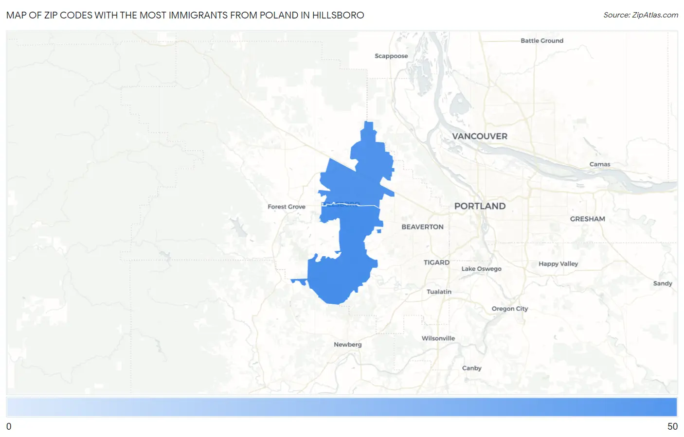 Zip Codes with the Most Immigrants from Poland in Hillsboro Map