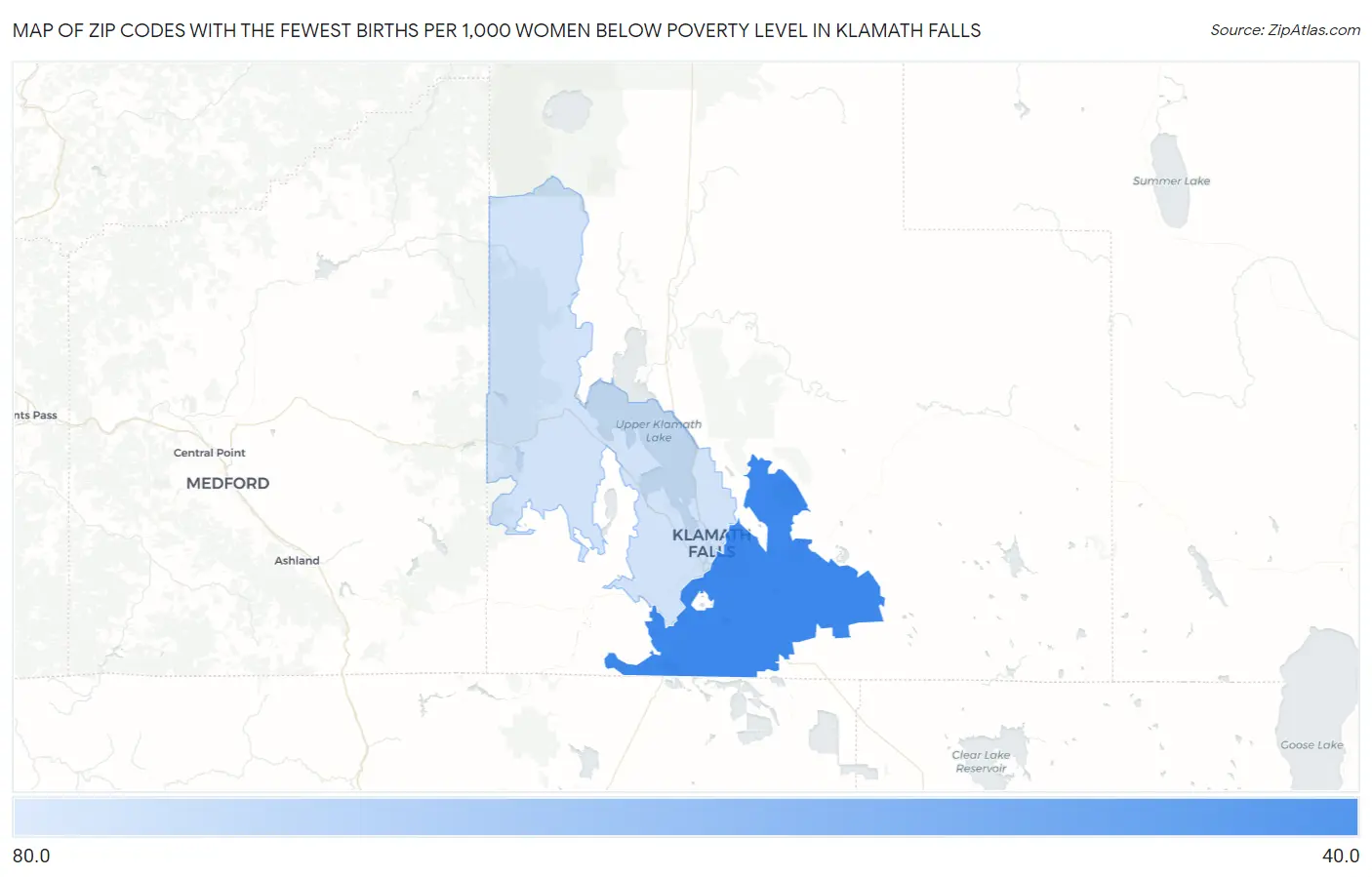 Zip Codes with the Fewest Births per 1,000 Women Below Poverty Level in Klamath Falls Map