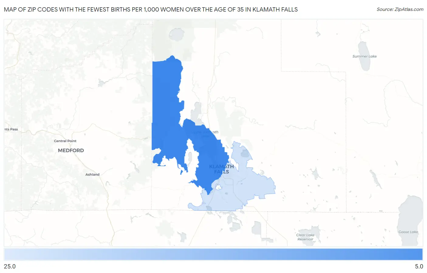 Zip Codes with the Fewest Births per 1,000 Women Over the Age of 35 in Klamath Falls Map