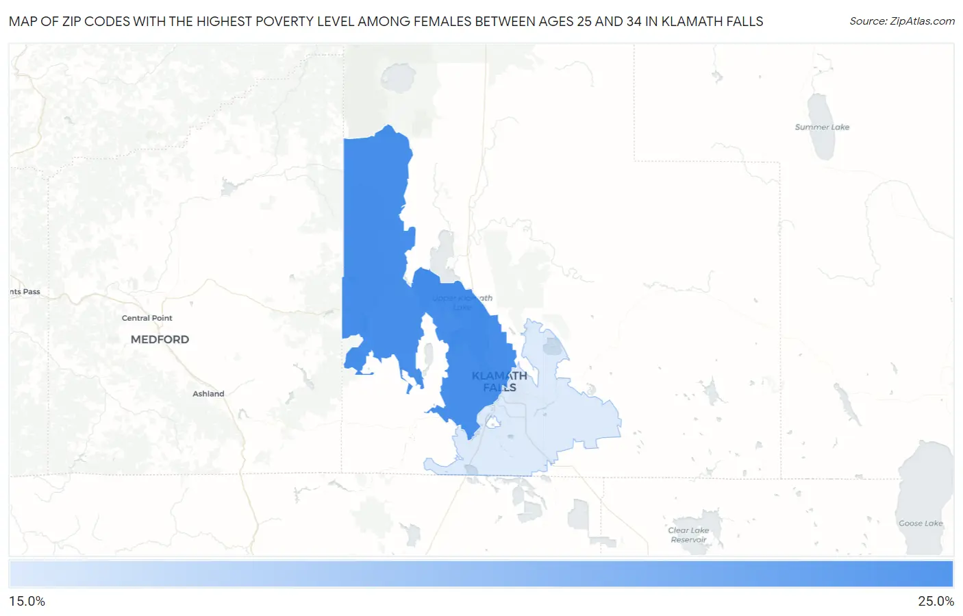 Zip Codes with the Highest Poverty Level Among Females Between Ages 25 and 34 in Klamath Falls Map
