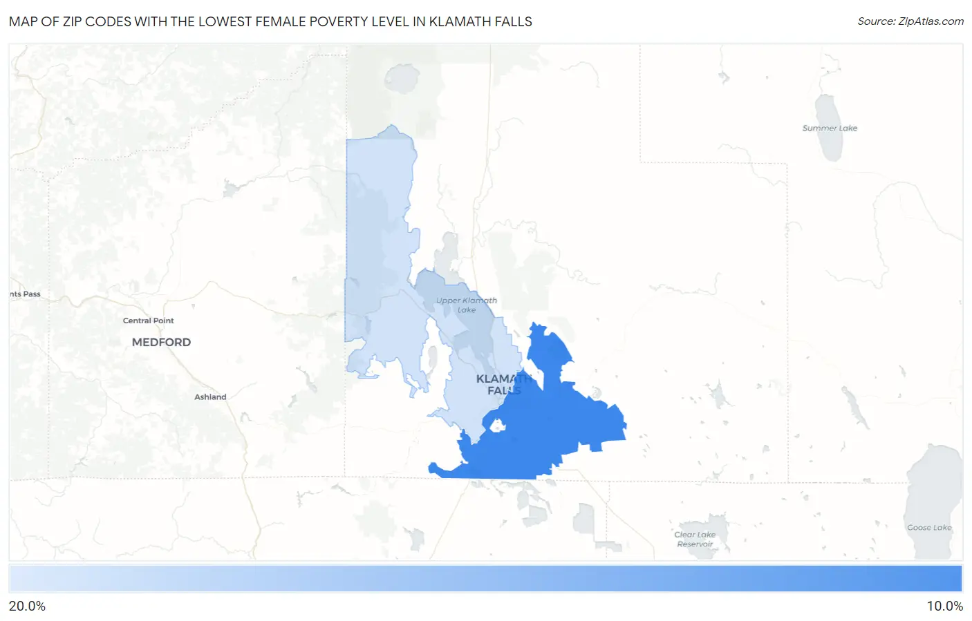 Zip Codes with the Lowest Female Poverty Level in Klamath Falls Map
